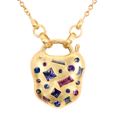 Blue & Purple Mixed Cut Confetti Padlock Necklace - 12002